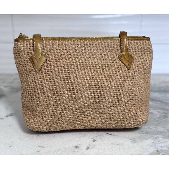 Auth Vintage Bottega Veneta Raffia Woven Beige Gold Patent Leather Shoulder Bag - Picture 2 of 16